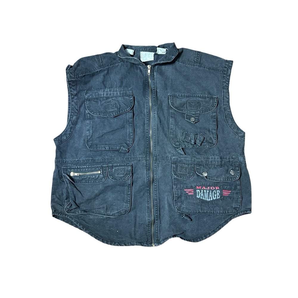 Vintage Major Damage Mens Black Denim Vest Patchwork Hip Hop 2Pac Size‎ XL? READ
